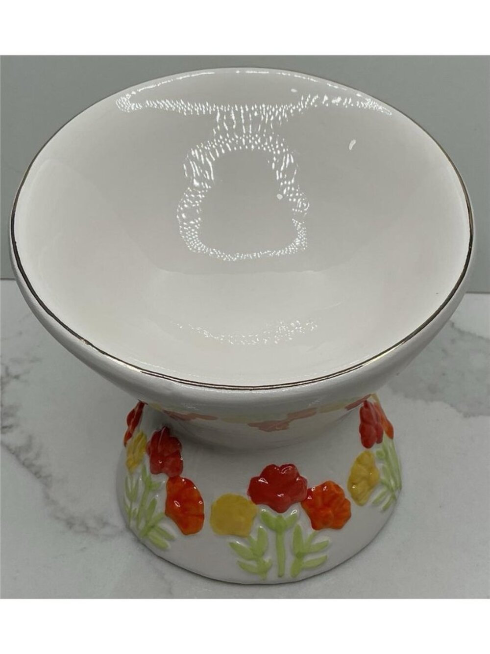 Mellow & Mod Pet Bowl Dish Elevated and Tilted Small Ceramic White Floral New